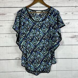 ECI New York Blouse Womens Large Blue Flutter Sleeve Costal Flowy Capsule